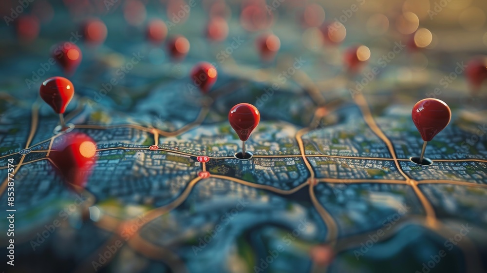 Emergency Response: A 3D vector illustration of a map with pins representing communication centers Emergency Response: A 3D vector illustration of a map with pins representing communication centers