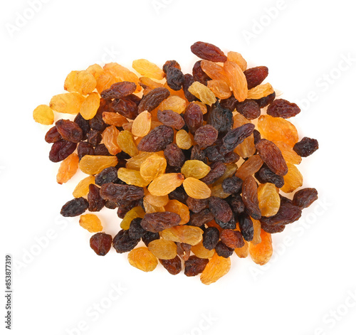 Pile of mixed raisins isolated on white photo