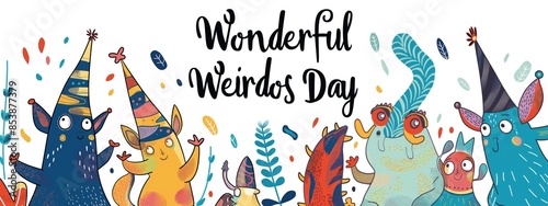 Celebration of Wonderful Weirdos Day with Colorful Cartoon Characters in Party Hats. photo