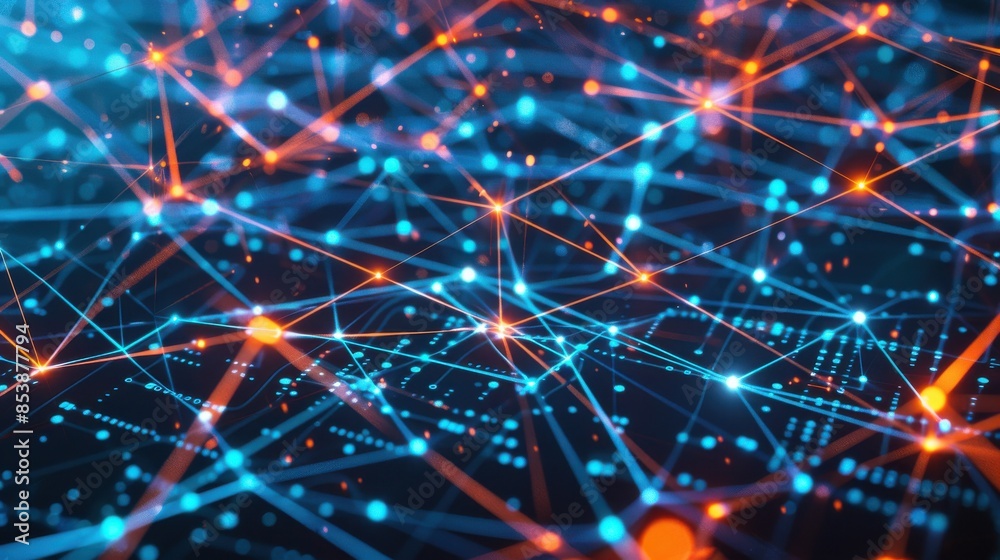 Abstract representation of a digital network with interconnected lines and nodes, highlighting data flow and technology concepts in vibrant colors. Abstract representation of a digital network with interconnected lines and nodes, highlighting data flow and technology concepts in vibrant colors.