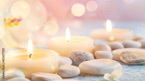 Tranquil Spa Setting with Lit Candles and Smooth Stones for Relaxation and Wellness