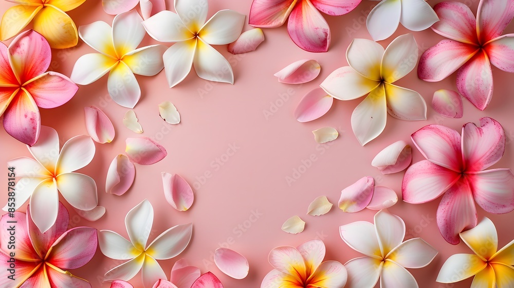 Elegant Plumeria Flowers in Soft Pastel Tones on Blush Pink Background Elegant Plumeria Flowers in Soft Pastel Tones on Blush Pink Background