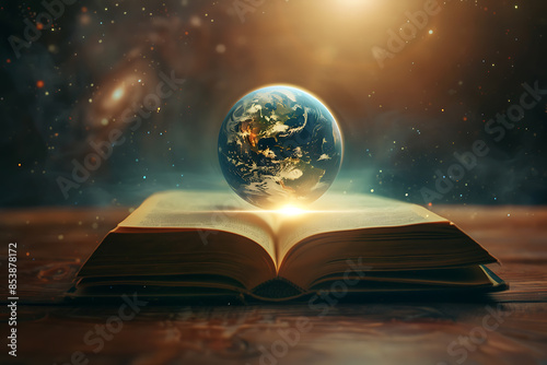 The light from inside the book illuminates the planet Earth, symbolizing knowledge enlightening the world. © Helen