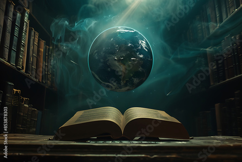 The light from inside the book illuminates the planet Earth, symbolizing knowledge enlightening the world.