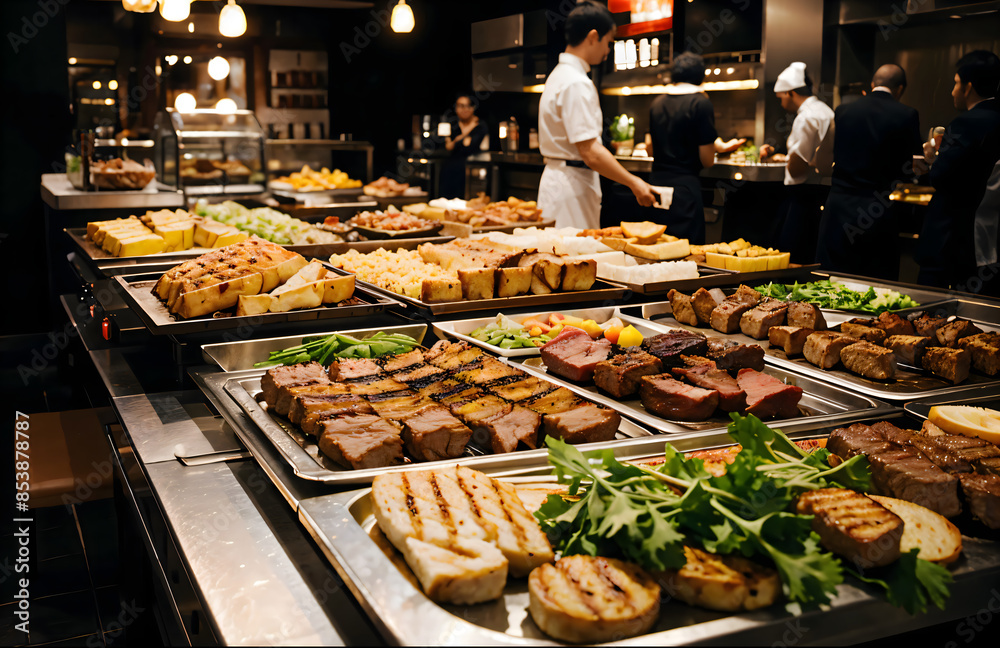 Indoor Catering Buffet with Grilled Meat in Restaurant Indoor Catering Buffet with Grilled Meat in Restaurant