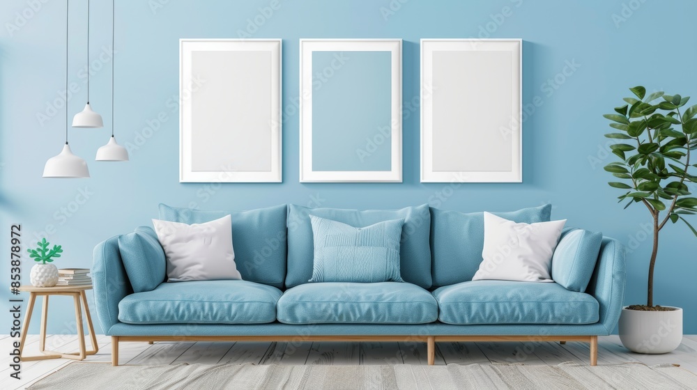 Fototapeta premium Mockup frames of various sizes on the wall of living room with blue sky sofa