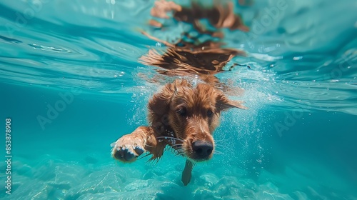 This is an underwater look at the paws of an adventurous puppy going for a swim in the Adriatic Sea while on vacation in Dalmatia on summer holidays.