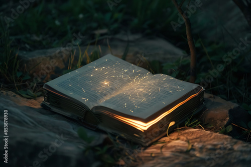 The light from inside the book illuminates the ground above it, symbolizing knowledge enlightening the world.