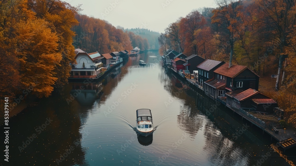 In this video, a drone captures a calm river lined with houses and autumn trees in Central Europe. A boat navigates the river, while the houseboats and foliage reflect in the water. LuPa Creative. In this video, a drone captures a calm river lined with houses and autumn trees in Central Europe. A boat navigates the river, while the houseboats and foliage reflect in the water. LuPa Creative.