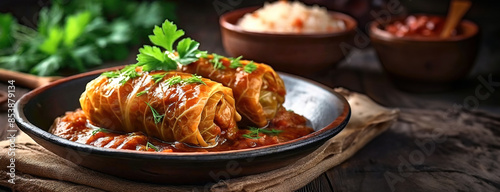 Two stuffed cabbage rolls filled with rice, garnished with fresh herbs, served in a rustic bowl with a rich tomato sauce, on a wooden table with a homely atmosphere. photo