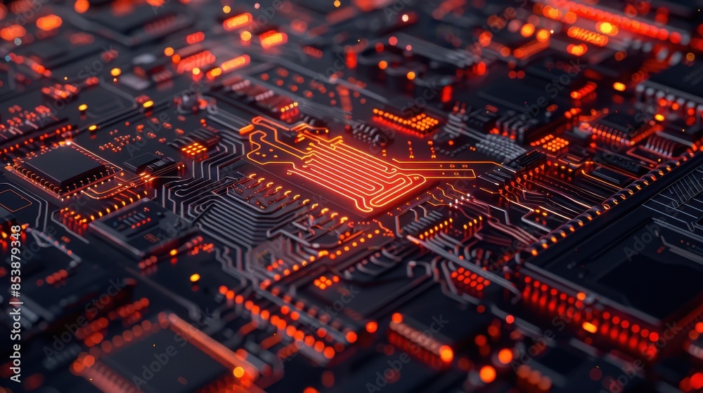 Close-up of a detailed circuit board with glowing red and orange lights, showcasing advanced technology and microchip components. Close-up of a detailed circuit board with glowing red and orange lights, showcasing advanced technology and microchip components.