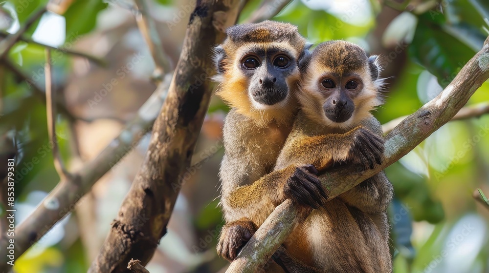 Obraz premium A pair of monkeys showing affection and bonding while sitting on a tree branch