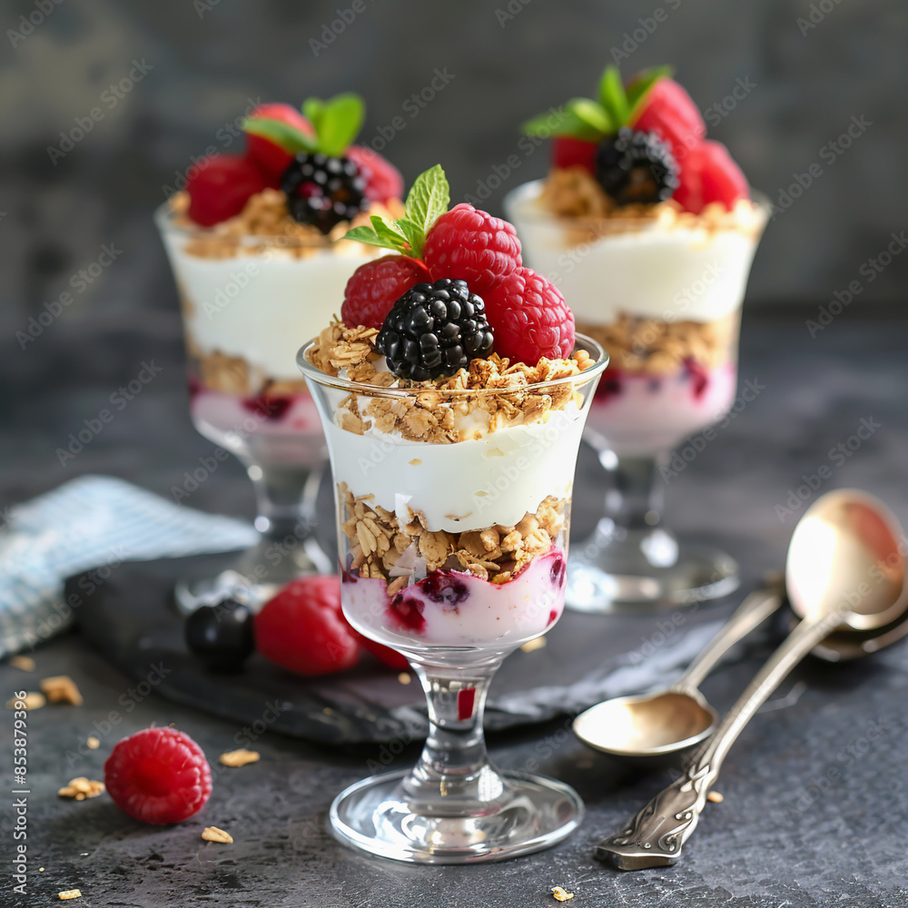Berry Yogurt Parfaits with Granola on Rustic Table Berry Yogurt Parfaits with Granola on Rustic Table