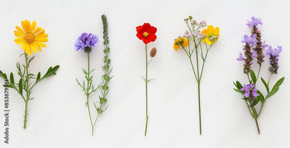 Wild flowers and flowering grass, natural field plants, colorful floral elements, beautiful decorative floral composition on white background, macro, flat lay, top view.