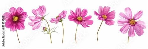 Cosmos bipinnatus flowers with different perspectives isolated on white background. Small macro close-up of Cosmos bipinnatus.