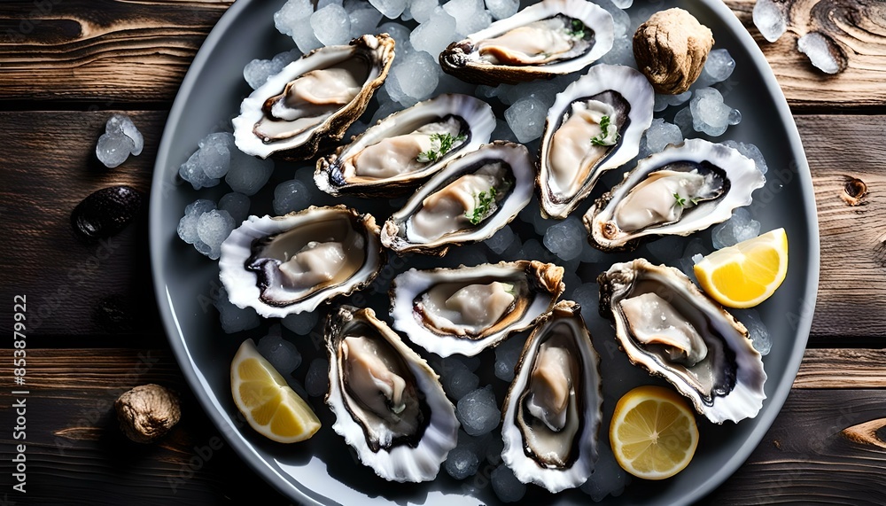 Fresh oysters on ice on gray plate over wooden background, top view. Flat lay, overhead, from above. Copy space.
Fresh oysters on ice on gray plate over wooden background, top view. Flat lay, overhead, from above. Copy space.