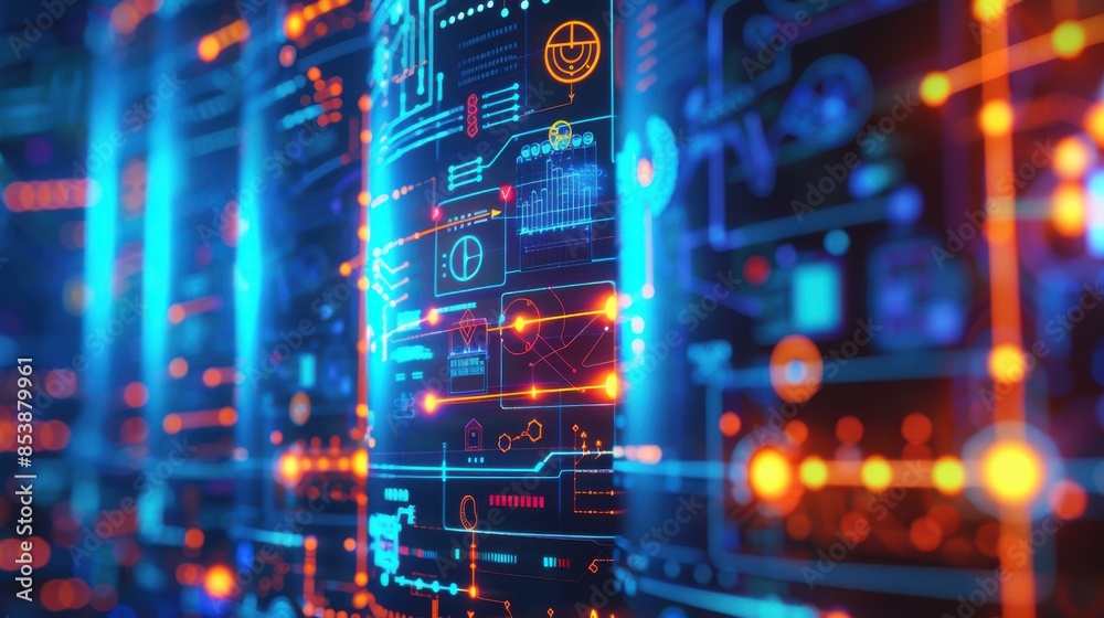 Fototapeta premium Close-up of a futuristic data center server rack glowing with blue and orange LED lights, representing advanced technology and cyber security.