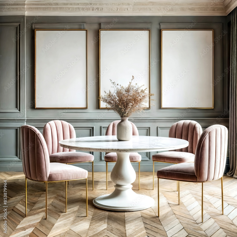 Design minimalista con tavolo rotondo in marmo bianco e sedie in velluto rosa con gambe dorate, sfondo grigio sofisticato