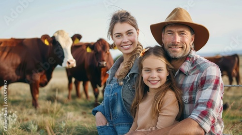 Happy family posing with cows in a rural setting, capturing a moment of connection with nature and agriculture