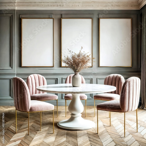 Design minimalista con tavolo rotondo in marmo bianco e sedie in velluto rosa con gambe dorate, sfondo grigio sofisticato photo