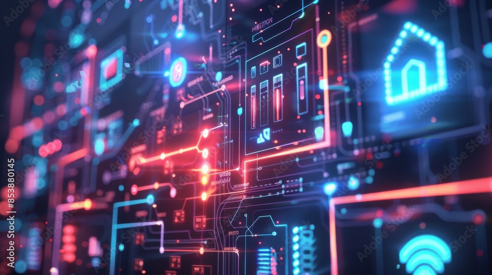 Close-up of a futuristic smart home interface with glowing circuits and data flow, symbolizing advanced technology and digital connectivity. Close-up of a futuristic smart home interface with glowing circuits and data flow, symbolizing advanced technology and digital connectivity.