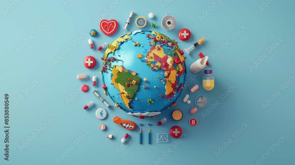 Global Health: A 3D vector illustration of a world globe surrounded by medical icons like a stethoscope Global Health: A 3D vector illustration of a world globe surrounded by medical icons like a stethoscope
