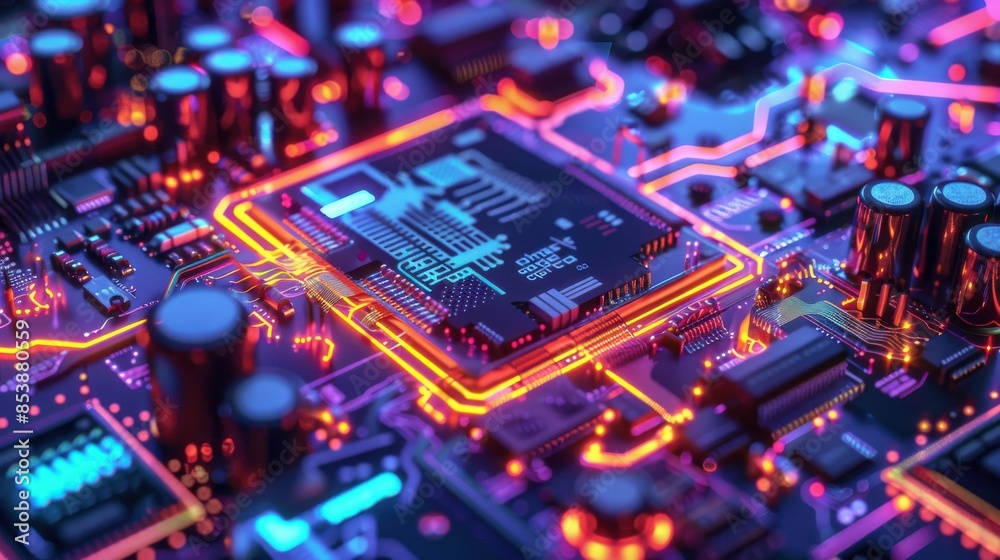 Close-up of a glowing electronic microchip on a vibrant circuit board, illustrating modern technology and hardware components. Close-up of a glowing electronic microchip on a vibrant circuit board, illustrating modern technology and hardware components.