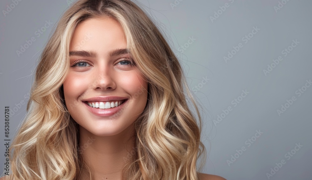 The picture shows a beautiful blonde woman with curly hair smiling against a gray background. The picture shows a beautiful blonde woman with curly hair smiling against a gray background.