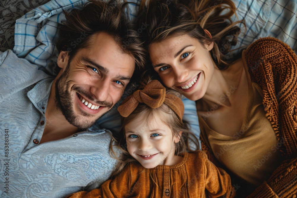 Happy family on bed with child smiling