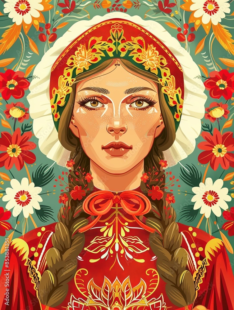 Fototapeta premium A stylized portrait of a woman in traditional folk attire