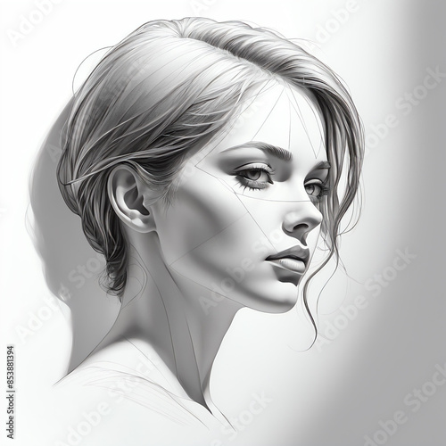Black and white digital art depiction of a young woman with short, tousled hair.
