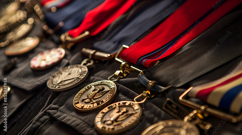 A close-up of medals and ribbons on a uniform, highlighting honor.
A close-up of medals and ribbons on a uniform, highlighting honor.