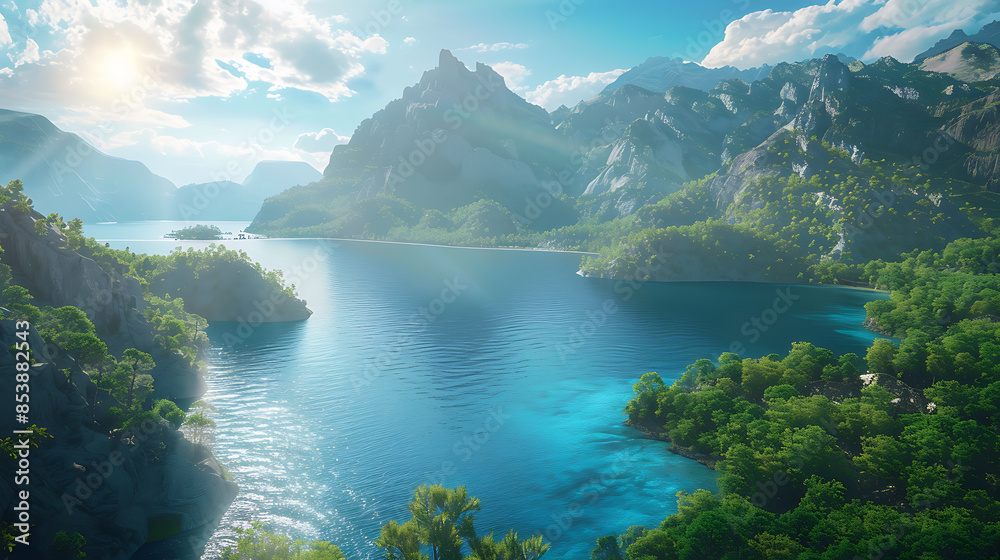 Naklejka premium Mountains, rivers and big trees The scenery is beautiful and mesmerizing