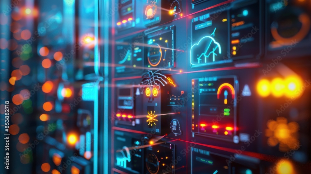 Close-up of server room, showcasing colorful illuminated data panels and futuristic technology in a data center environment. Close-up of server room, showcasing colorful illuminated data panels and futuristic technology in a data center environment.