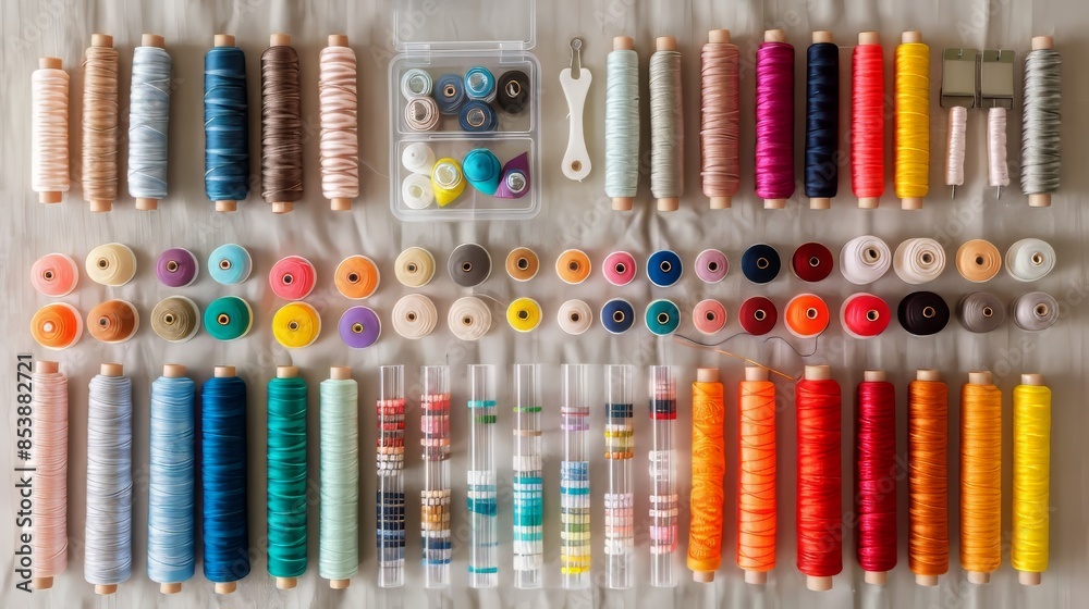 Embroidery setup with diverse color threads, bobbins, and a clear plastic organizer on beige canvas, detailed and orderly Embroidery setup with diverse color threads, bobbins, and a clear plastic organizer on beige canvas, detailed and orderly