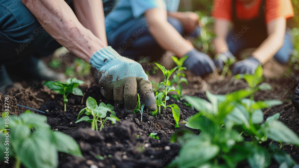 Naklejka premium Close up of a group of people wearing gloves planting young green plants into rich soil in the garden