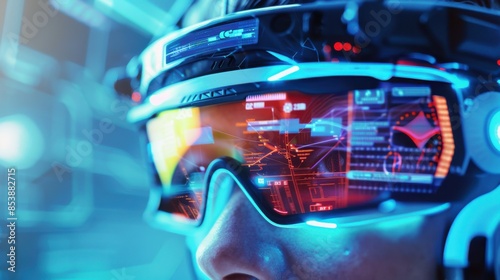 Close-up of person wearing futuristic augmented reality goggles, displaying interface with digital data. Technology and innovation concept.