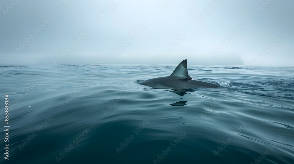 Naklejka premium A shark fin is seen above the water surface, a sense of danger and fear in an ocean setting.