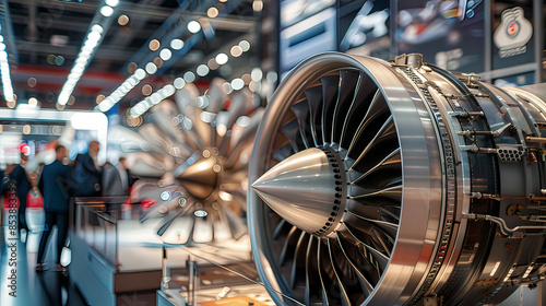 Hyper-realistic image: Turbine with rings and blades at Salon Le Bourget Paris plane space colors clear focus.