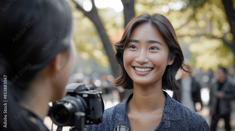 attractive 40 year old asian woman with beautiful smile giving interview in park, straight short hair attractive 40 year old asian woman with beautiful smile giving interview in park, straight short hair