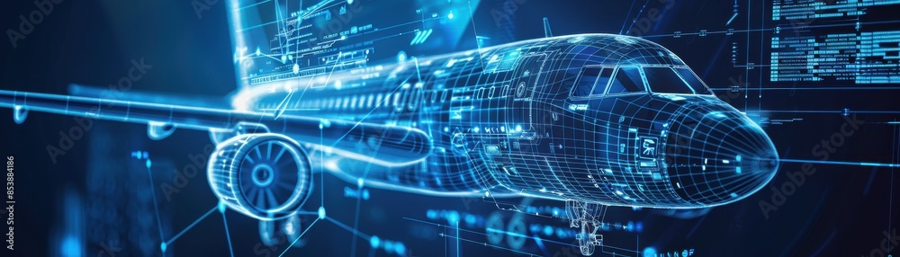 custom made wallpaper toronto digitalDigital futuristic aircraft blueprint illustration featuring three-dimensional wireframe design and technological details in virtual space.