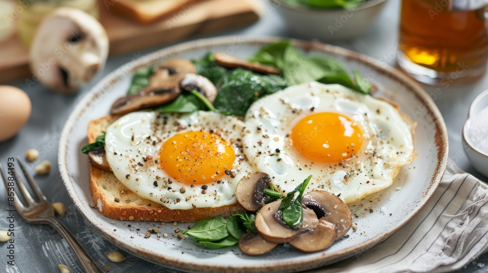 Inviting Breakfast Spread with Fried Eggs and Sautéed Mushrooms Inviting Breakfast Spread with Fried Eggs and Sautéed Mushrooms