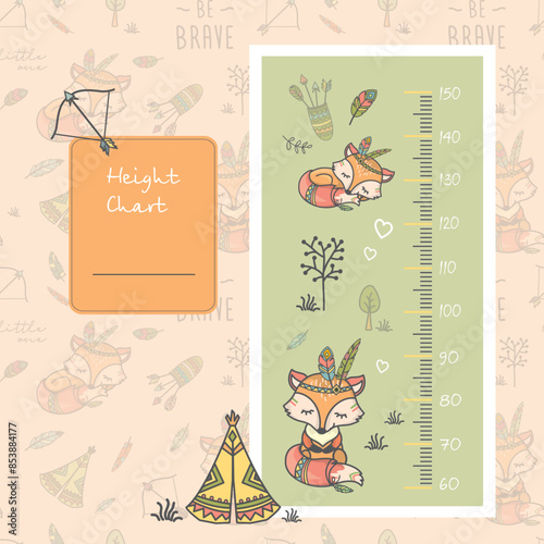 Kids height fox chart. Scale or meter with centimeter. Body growing and development, measurement. Hand drawn doodle design, wall poster for preschoolers room.