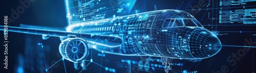 Digital futuristic aircraft blueprint illustration featuring three-dimensional wireframe design and technological details in virtual space.