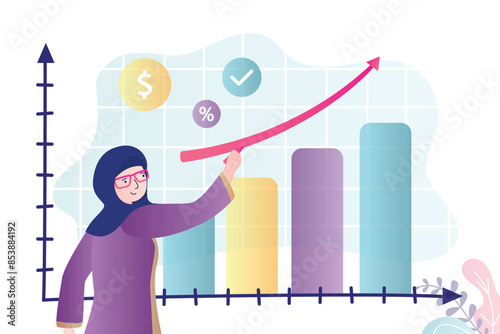 Arabic businesswoman planning profit when stock market rises. Business vision, profitable investment strategy. Successful muslim woman investor looks into future