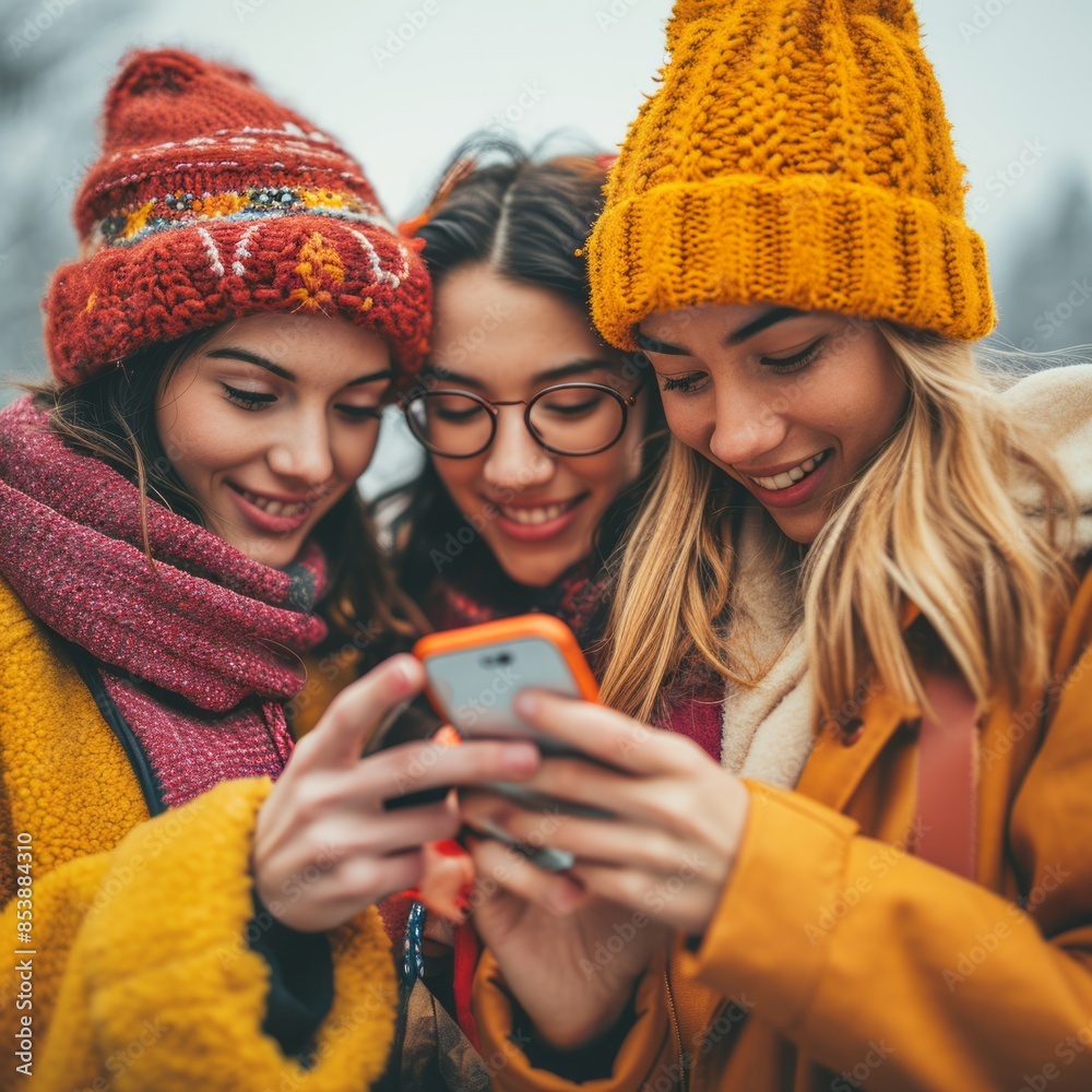 Fototapeta premium Multiracial Young Women Using Smart Mobile Phones Outdoors