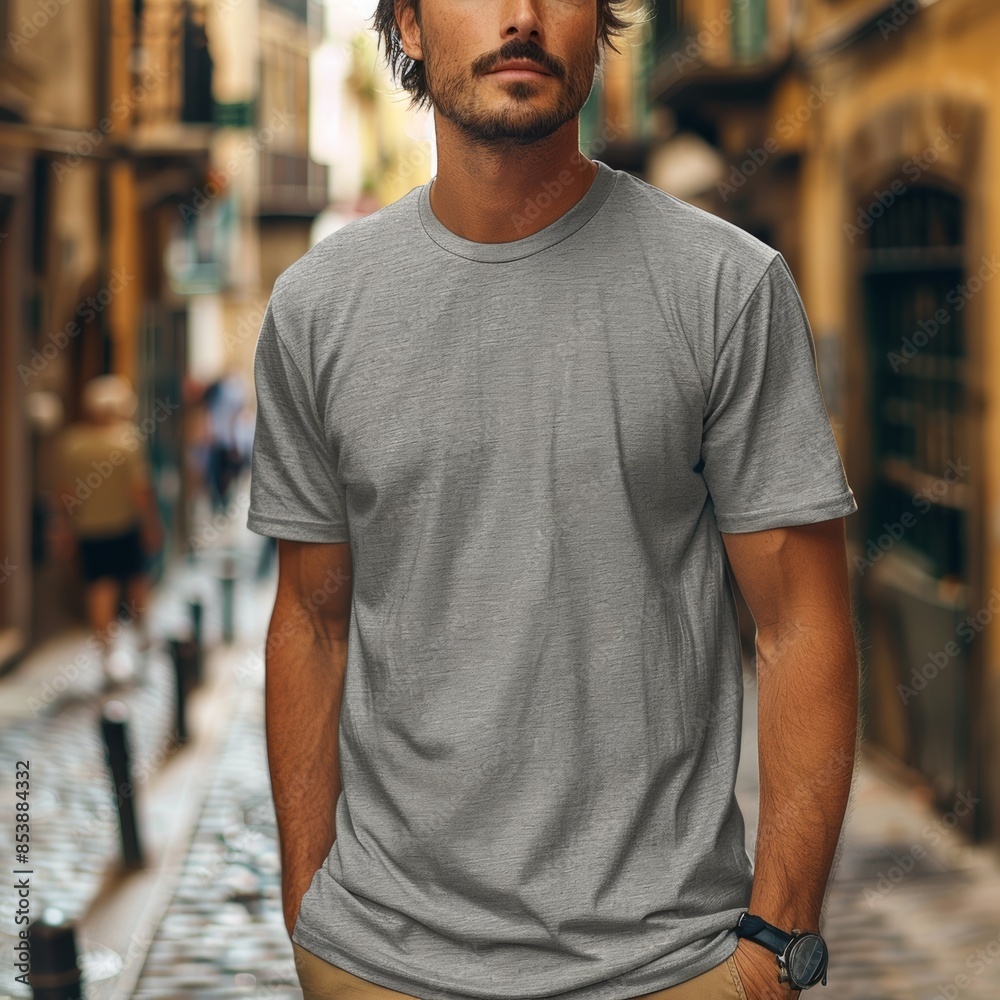 T-shirt MOCKUP, torso shot only, from shoulders down to waist, T-shirt color is Athletic Heather, T-shirt is WITHOUT SUBTITLES and without wrinkles, BOHO MOCKUP, city street T-shirt MOCKUP, torso shot only, from shoulders down to waist, T-shirt color is Athletic Heather, T-shirt is WITHOUT SUBTITLES and without wrinkles, BOHO MOCKUP, city street