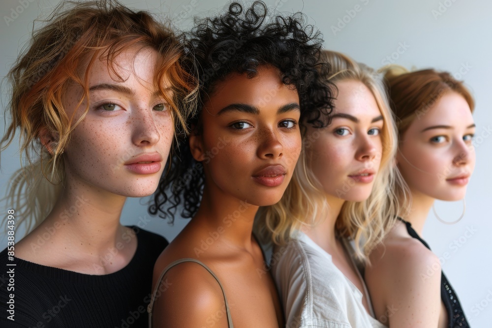 Obraz premium A diverse group of women, showcasing different hairstyles and expressions, posed against a minimalist white background. 