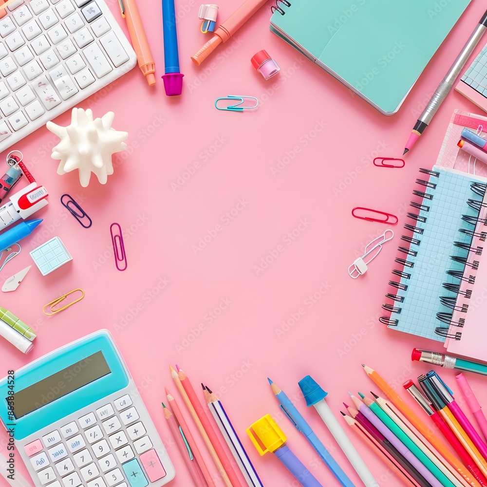 Back to school concept. Frame made of stylish school supplies on pastel pink background. Flat lay, top view calculator, paper notebook, pencil case, sharpeners, markers, pens