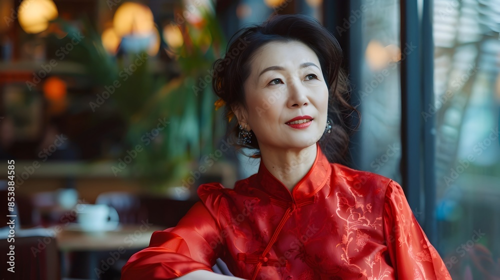 Captivating Chinese Woman Exuding Confidence and Style in Upscale Cafe Setting Captivating Chinese Woman Exuding Confidence and Style in Upscale Cafe Setting